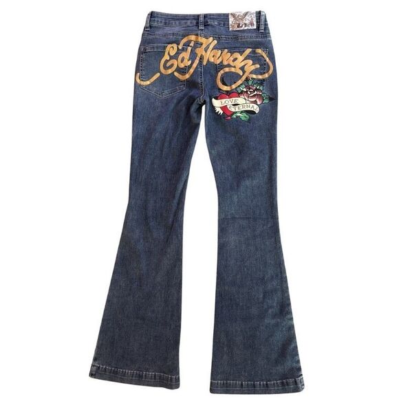 Ed Hardy Embroidered True Love Flare Jeans Womens 26 Love Eternal Spellout NEW - Picture 4 of 15